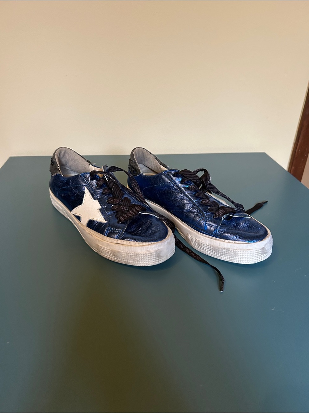 Golden Goose Super Star Sneakers Metallic Blue White Star "MAY" Size 35